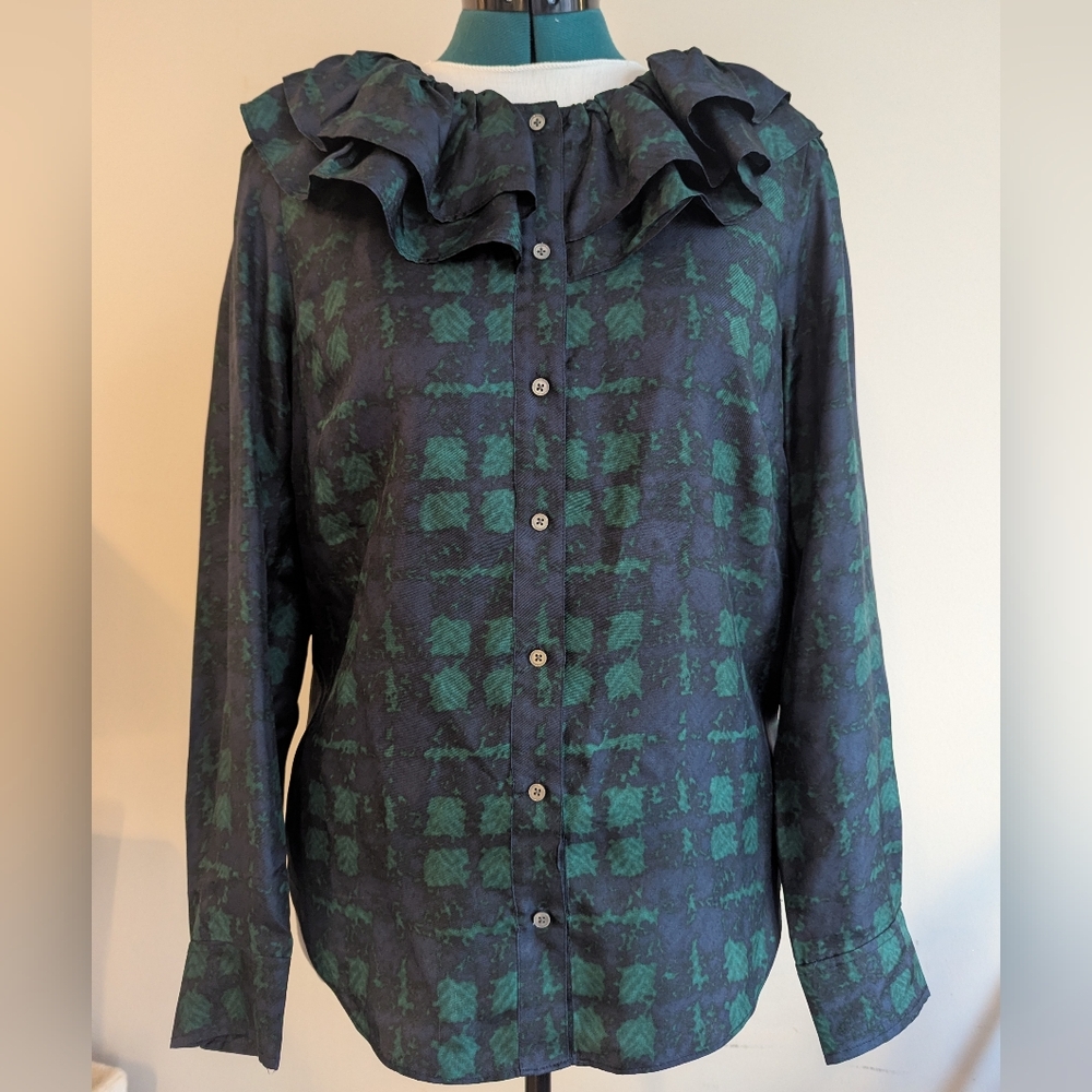 J. Crew Silk Twill Ruffled Green/Blue/Black Women's Top